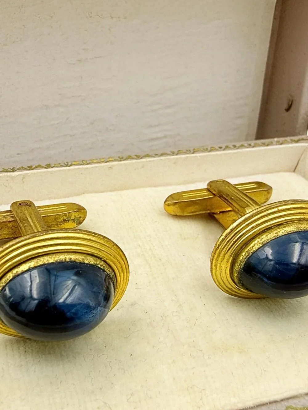 Hickok USA MCM Blue Oval Glass Cab Gold Plated Tuxedo Cufflinks